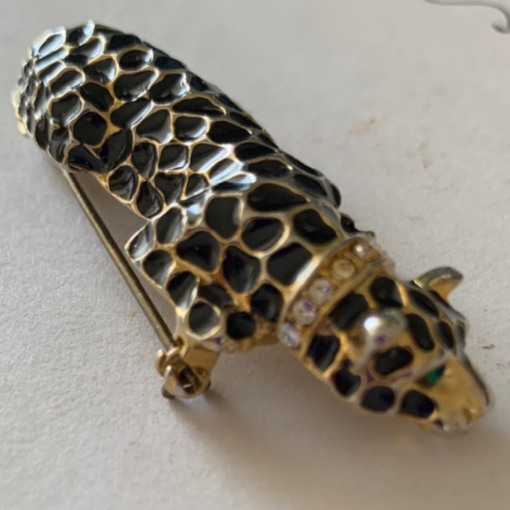 Vintage Leopard Brooch Rhinestones Green Eyes